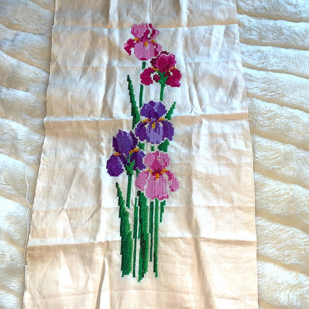 Vintage needlepoint hand crafted floral iris flowers embroidery art unframed
